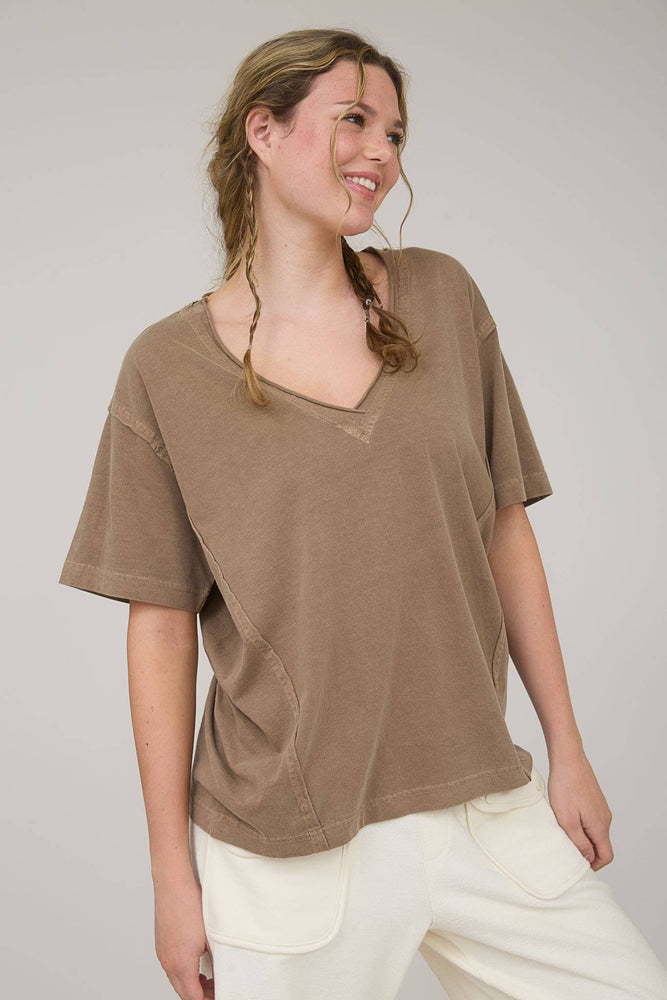 Daily Washed Raw Edge V Neck T Shirt
