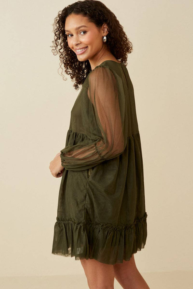 Olive Mystery Tiered Mesh Dress