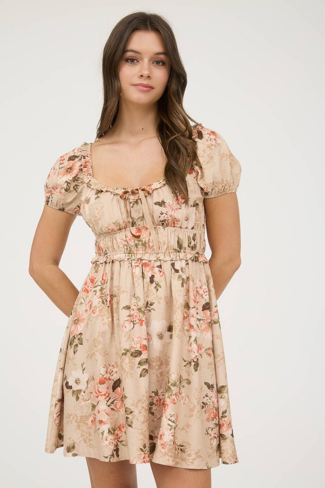 Blu Pepper - FLORAL RUFFLE TRIM VELVET FRONT TIE MINI DRESS: KHAKI MULTI
