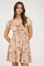 Blu Pepper - FLORAL RUFFLE TRIM VELVET FRONT TIE MINI DRESS: KHAKI MULTI