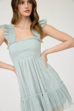 Blu Pepper - POLKA DOT CHIFFON SMOCKED RUFFLE DETAIL MINI DRESS: SAGE