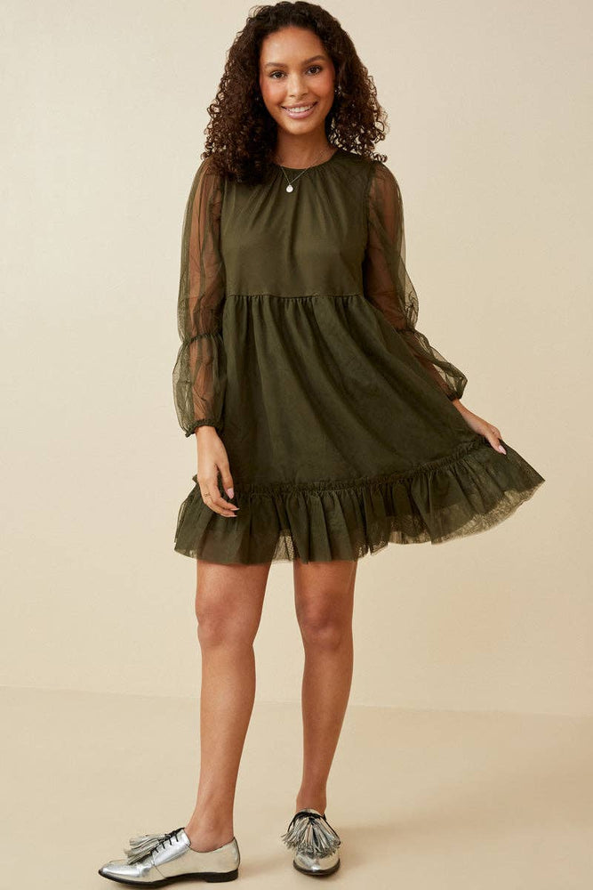 Olive Mystery Tiered Mesh Dress