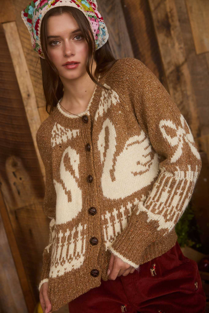Blu Pepper - SWAN JACQUARD BUTTON DOWN LONG SLEEVE CARDIGAN: CARAMEL