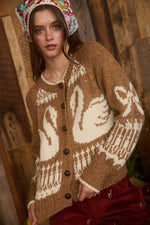 Blu Pepper - SWAN JACQUARD BUTTON DOWN LONG SLEEVE CARDIGAN: CARAMEL
