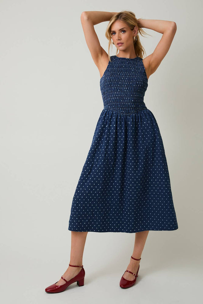 Casually Elevated Denim Polka Dot Dress