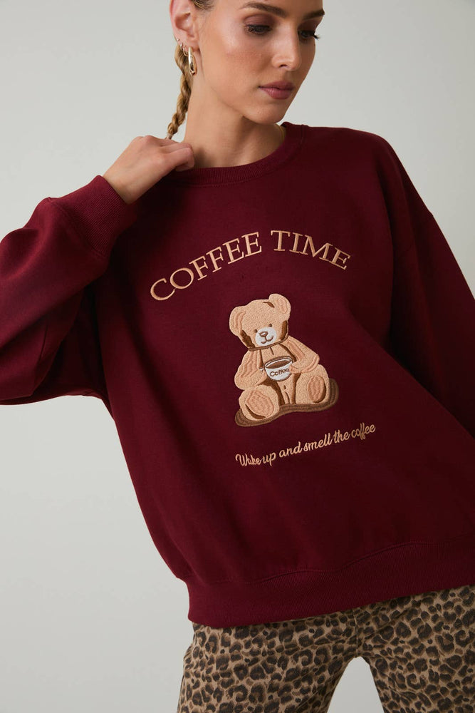 Teddy Bear “ Coffee Time “ Embroidered Sweatshirt