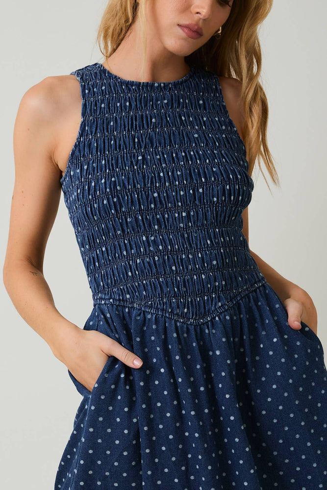 Casually Elevated Denim Polka Dot Dress