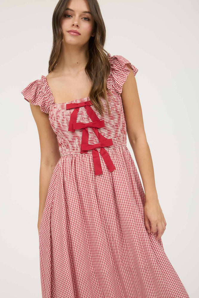 Blu Pepper - PLAID SMOCKED FRONT BOW DETAIL MIDI DRESS: RED