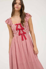 Blu Pepper - PLAID SMOCKED FRONT BOW DETAIL MIDI DRESS: RED
