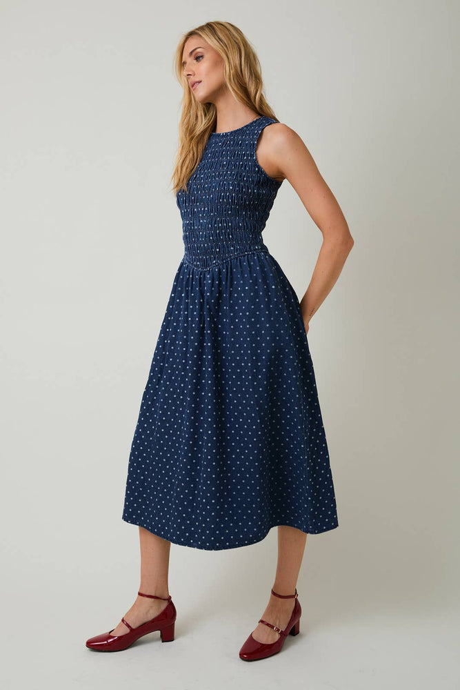 Casually Elevated Denim Polka Dot Dress