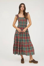 Blu Pepper - PLAID SMOCKED TIERED MIDI DRESS: GREEN MULTI
