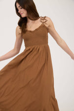 Blu Pepper - SWEETHEART SMOCKED BOW STRAP DETAIL MIDI DRESS: BROWN